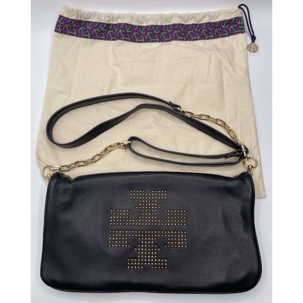 Tory Burch Crossbody Womens Bag Purse Black Hold Chain Studded With Dust Bag